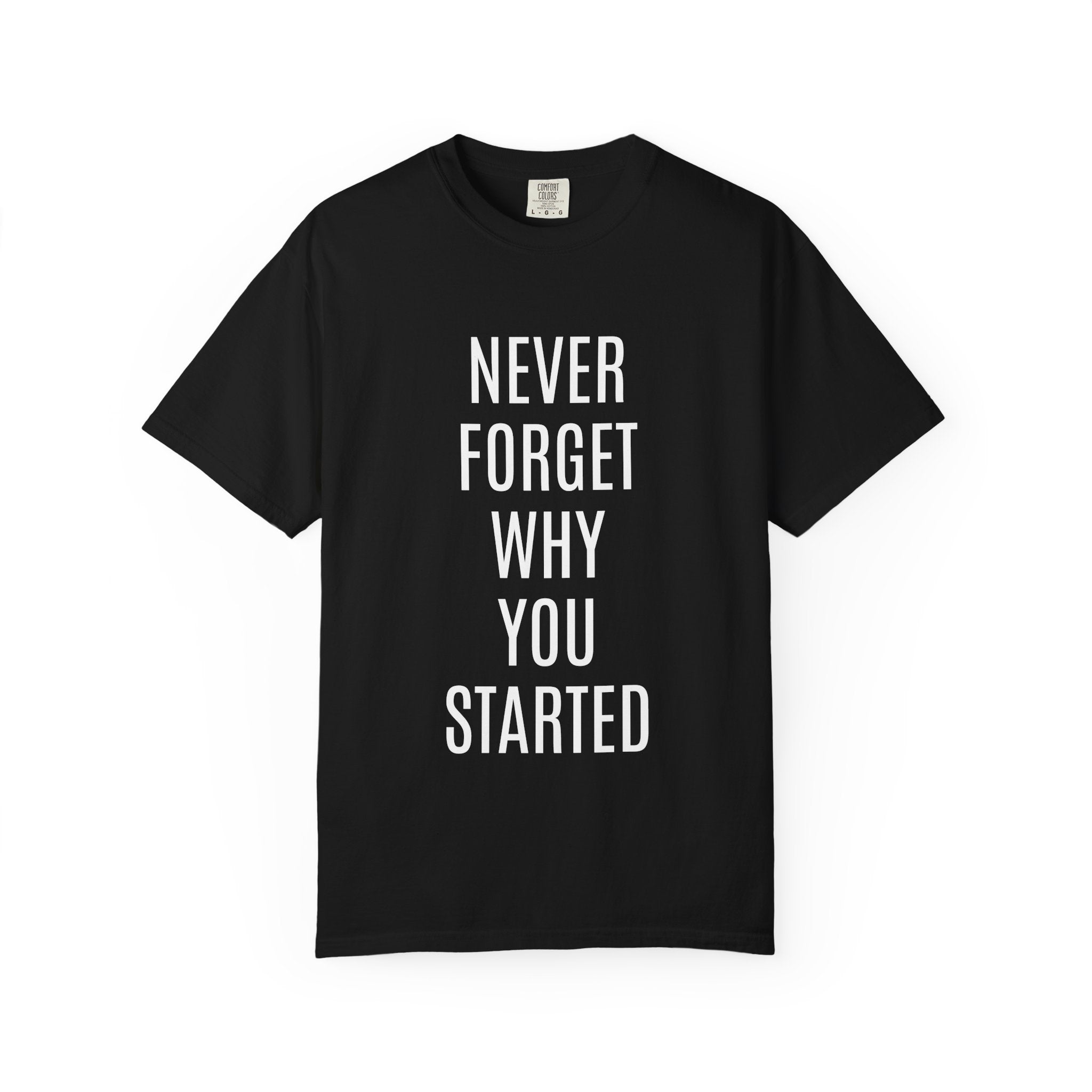 Never Forget Why You Started T‑Shirt — Motivational Graphic Tee